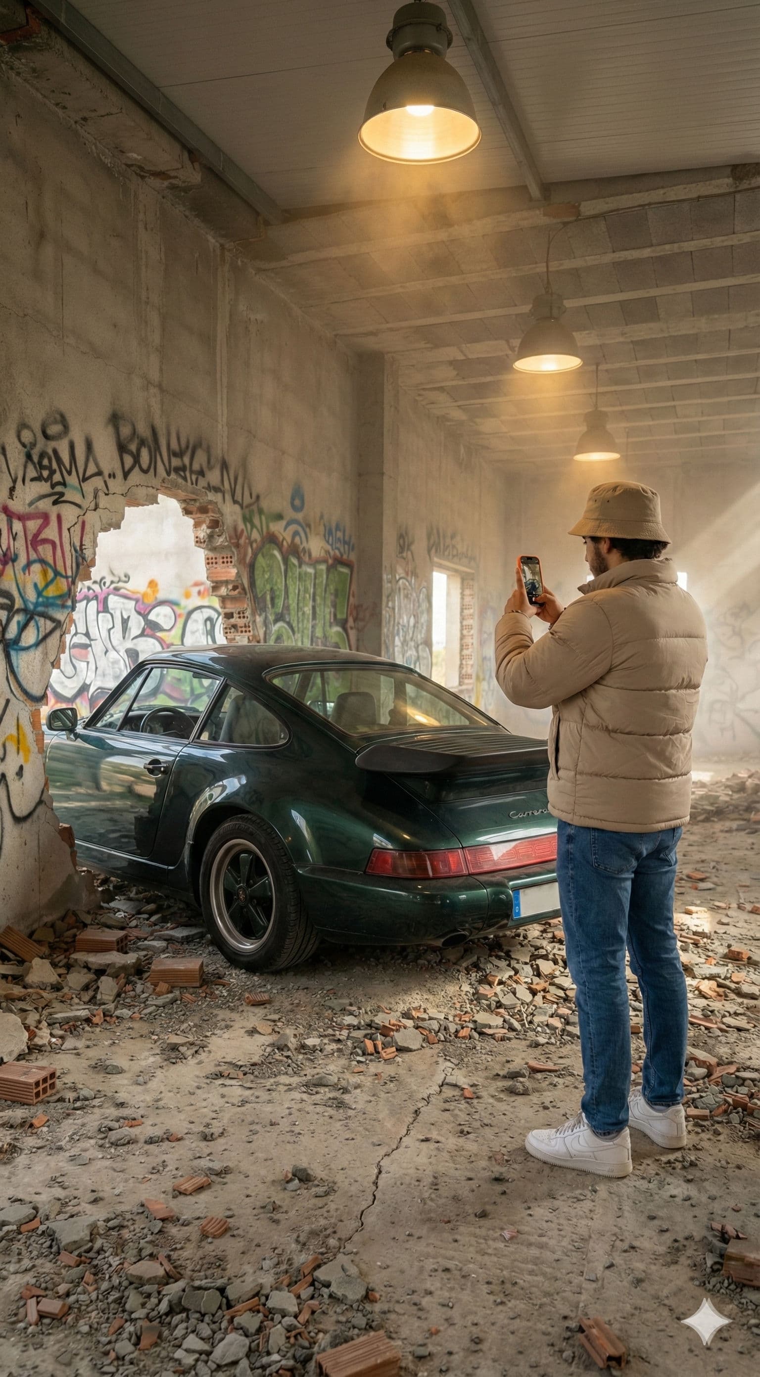 Vintage Porsche & Urban Photography — Portrait AI art prompt example for Midjourney and Stable Diffusion