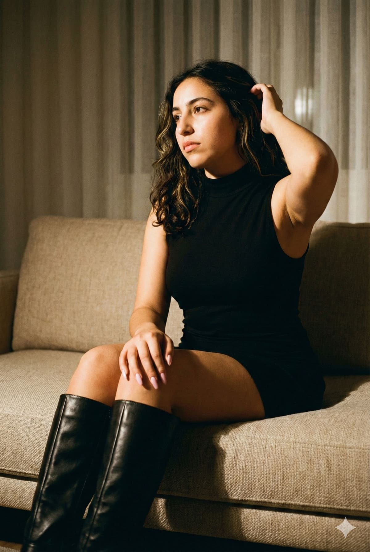 🖤 Black Mini & Leather Boots: Free AI Fashion Prompt — Portrait AI art prompt example for Gemini and Stable Diffusion