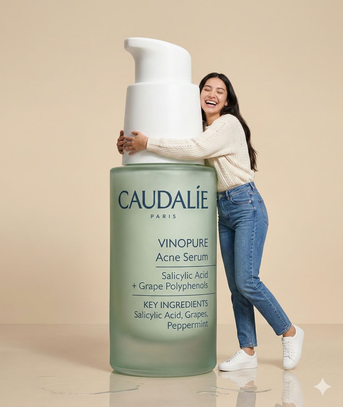 Ultra-Realistic Skincare Studio Ad: Woman Hugging Oversized Caudalie Vinopure Serum - Free Prompts — Business AI art prompt example for Gemini and Stable Diffusion