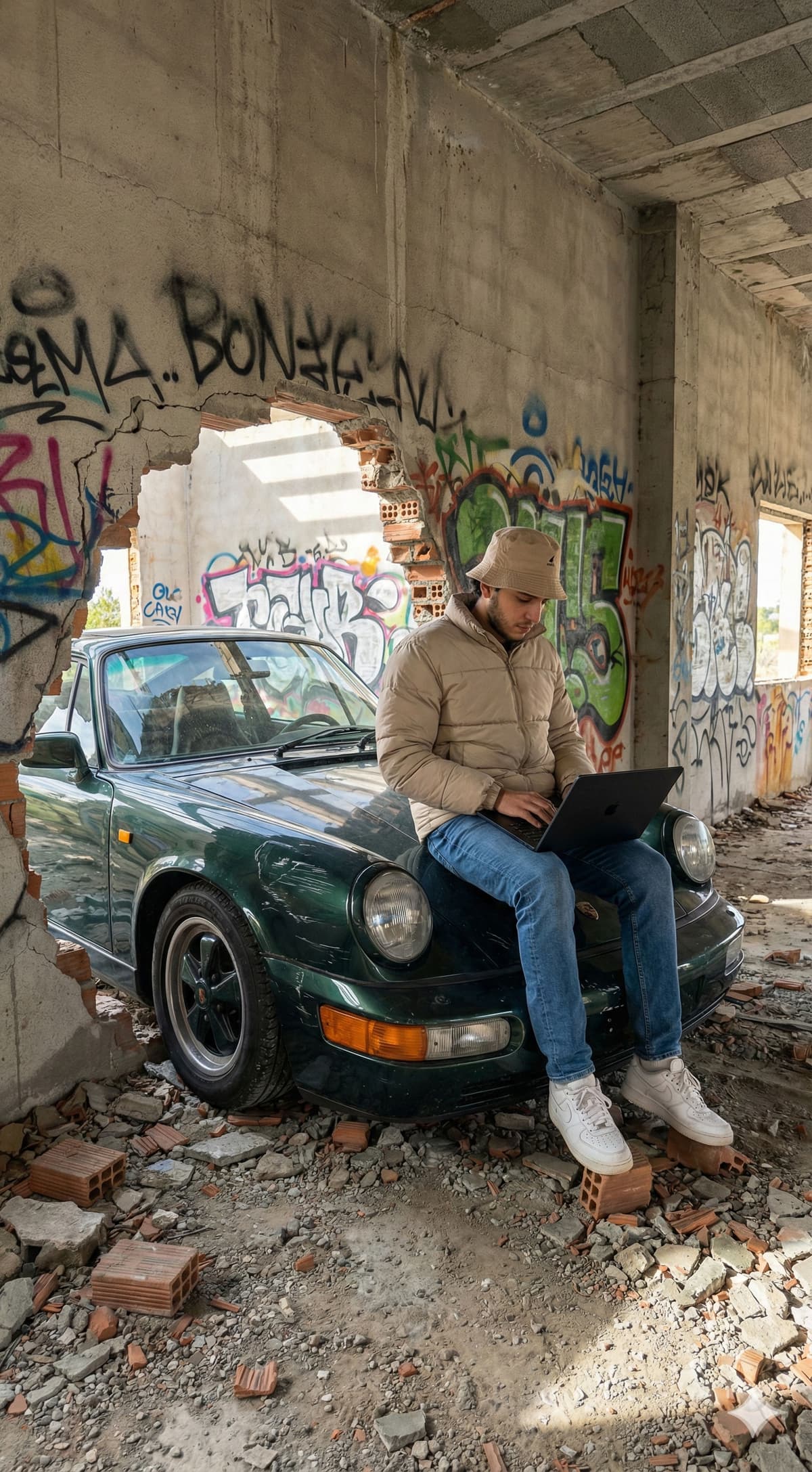 Free Prompt: Urban Explorer & Vintage Porsche — Portrait AI art prompt example for Gemini and Stable Diffusion