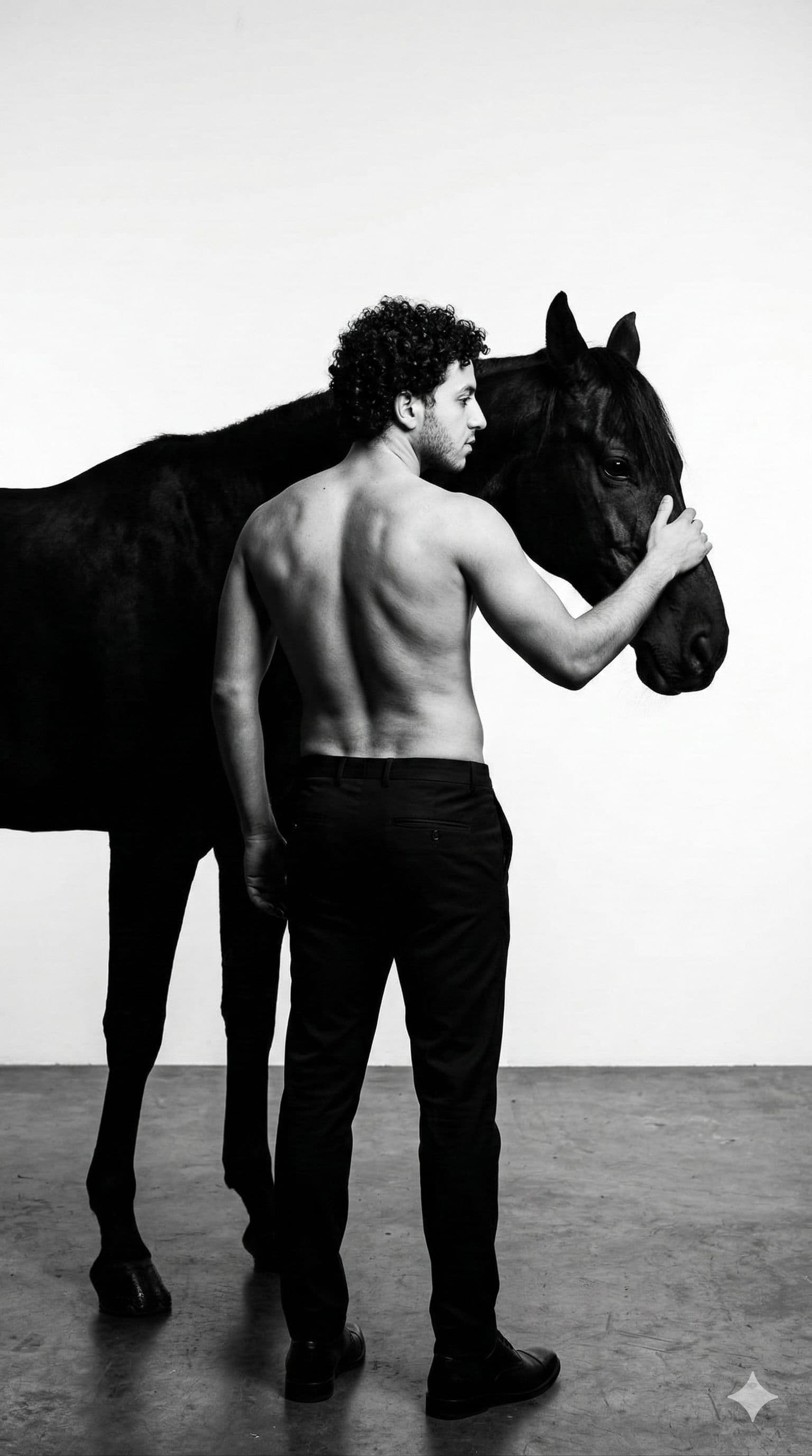 Free Prompt for Ultra-Realistic Black & White Equestrian Studio Editorial Portrait — Portrait AI art prompt example for Midjourney and Stable Diffusion