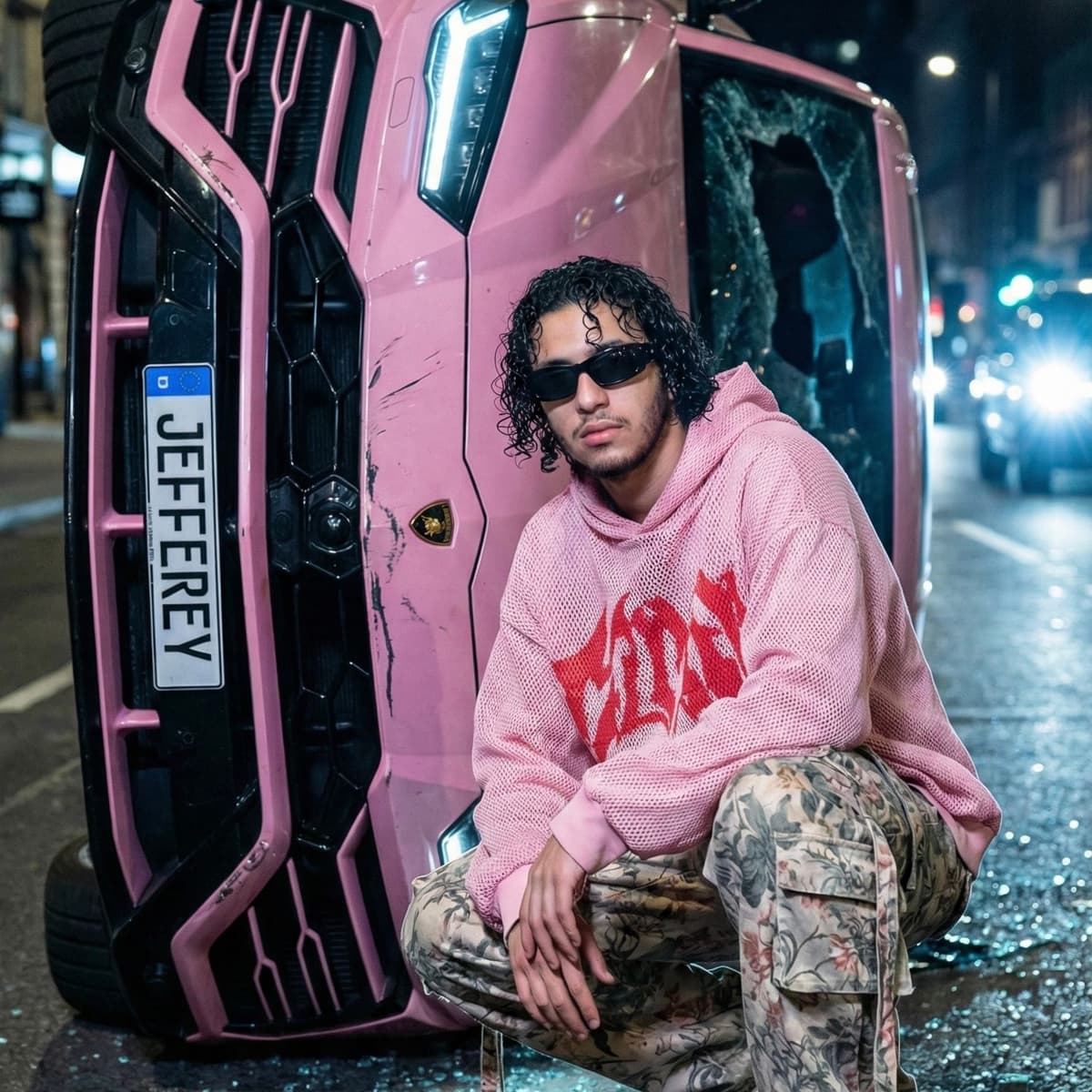 Pink Supercar Crash & Streetwear Aesthetic — Portrait AI art prompt example for Gemini and Stable Diffusion