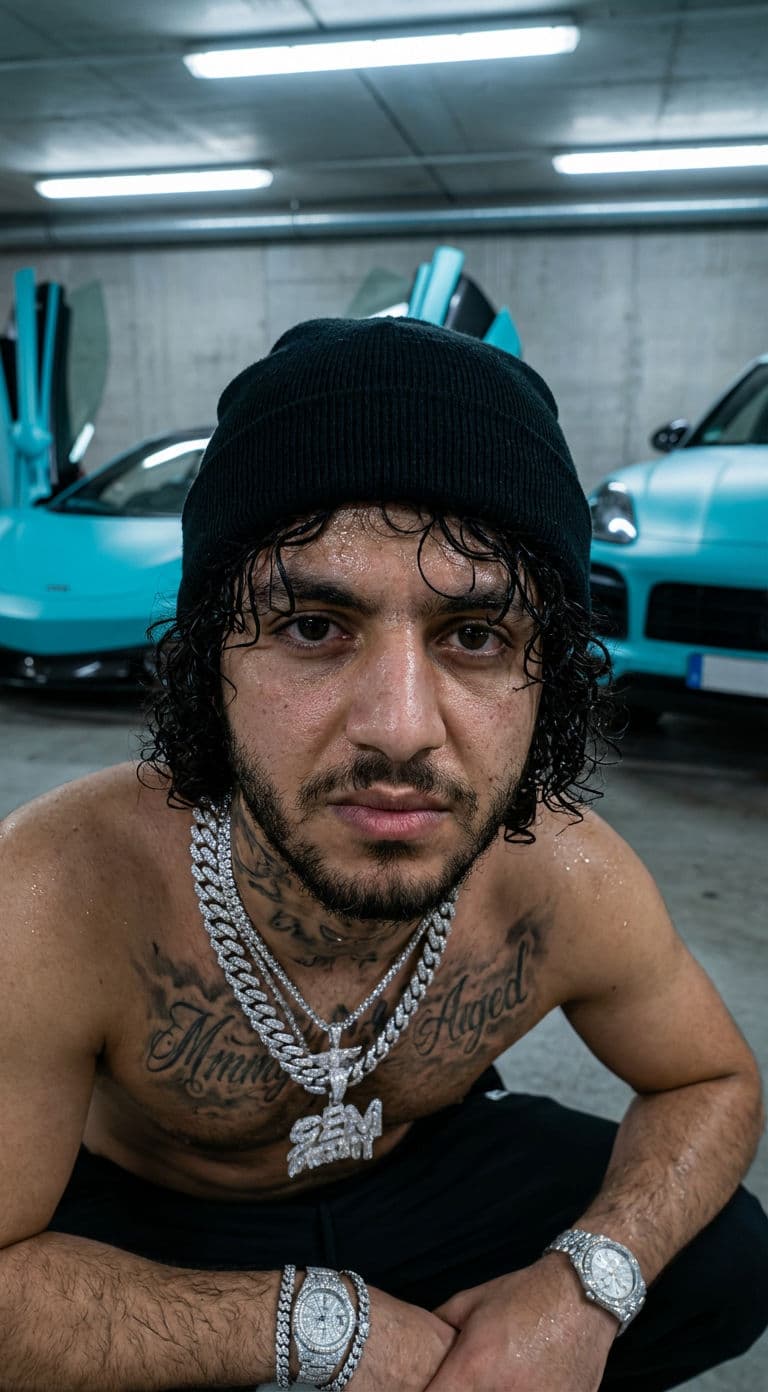 Free AI Art Prompt: Hyperrealistic Portrait with Tiffany Blue Supercars — Portrait AI art prompt example for Midjourney and Stable Diffusion