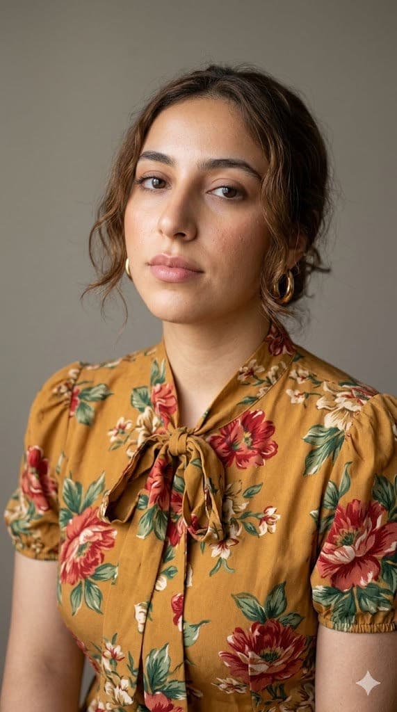 Natural Light Studio Portrait of Woman in Mustard Floral Dress – Soft Editorial Beauty Close-Up (50mm, Warm Minimal Aesthetic) — Portrait AI art prompt example for Gemini and Stable Diffusion