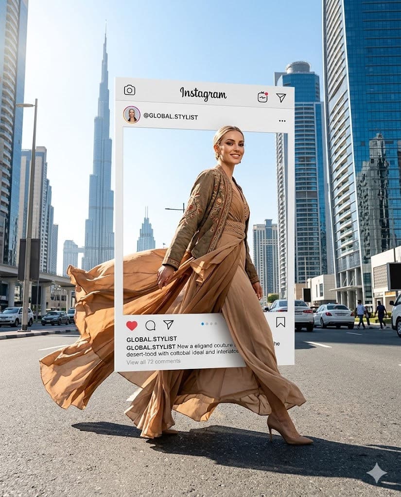 Free Prompt for Luxury Fashion Campaign Model Stepping Out of Instagram Frame in Dubai 🌆📸✨ — Portrait AI art prompt example for Gemini and Stable Diffusion