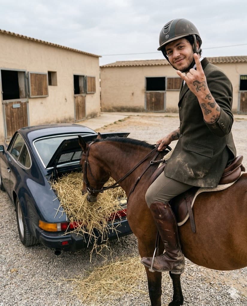 Free Prompt for Surreal Rural Horse & Porsche iPhone Lifestyle Photo 🐎📱🚗 — Portrait AI art prompt example for Gemini and Stable Diffusion