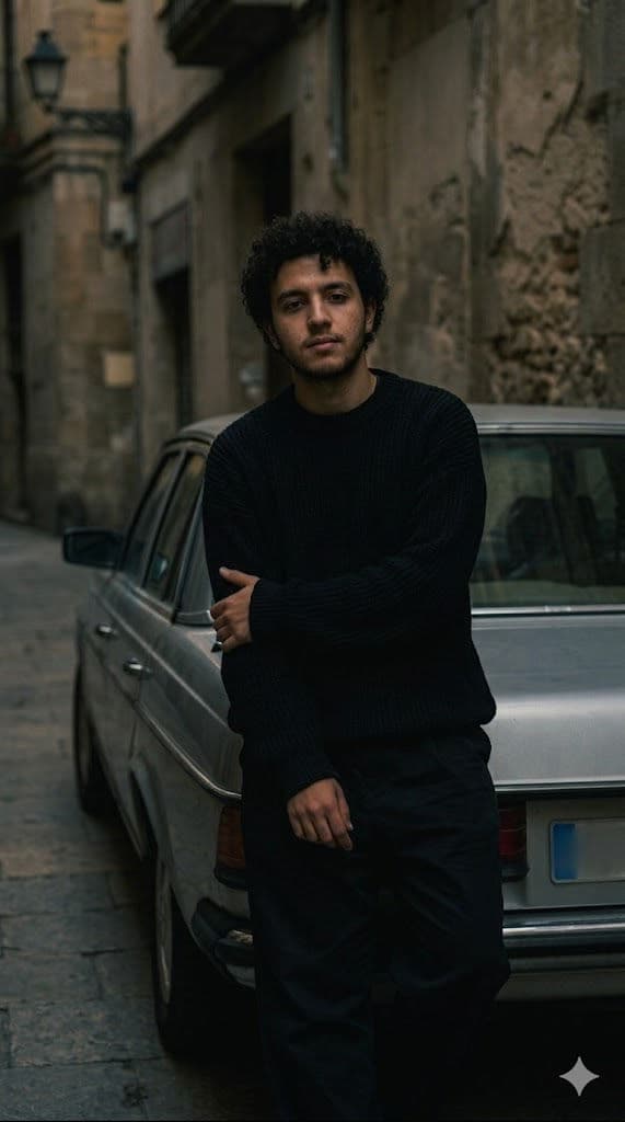 Young Man Leaning Against Vintage Silver Sedan – Cinematic European Alley, Moody Editorial Fashion Portrait — Portrait AI art prompt example for Gemini and Stable Diffusion