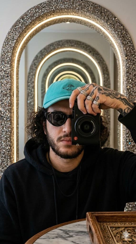 Ultra-Realistic Mirror Selfie Portrait – Bearded Man with Tattoos and Camera, Infinite Mirror Corridor Prompt — Portrait AI art prompt example for Gemini and Stable Diffusion