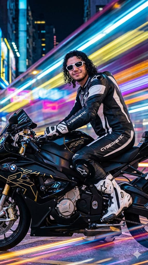 Cyberpunk Neon Motorcycle Rider with Motion Blur 🏍️🌆 — Portrait AI art prompt example for Gemini and Stable Diffusion