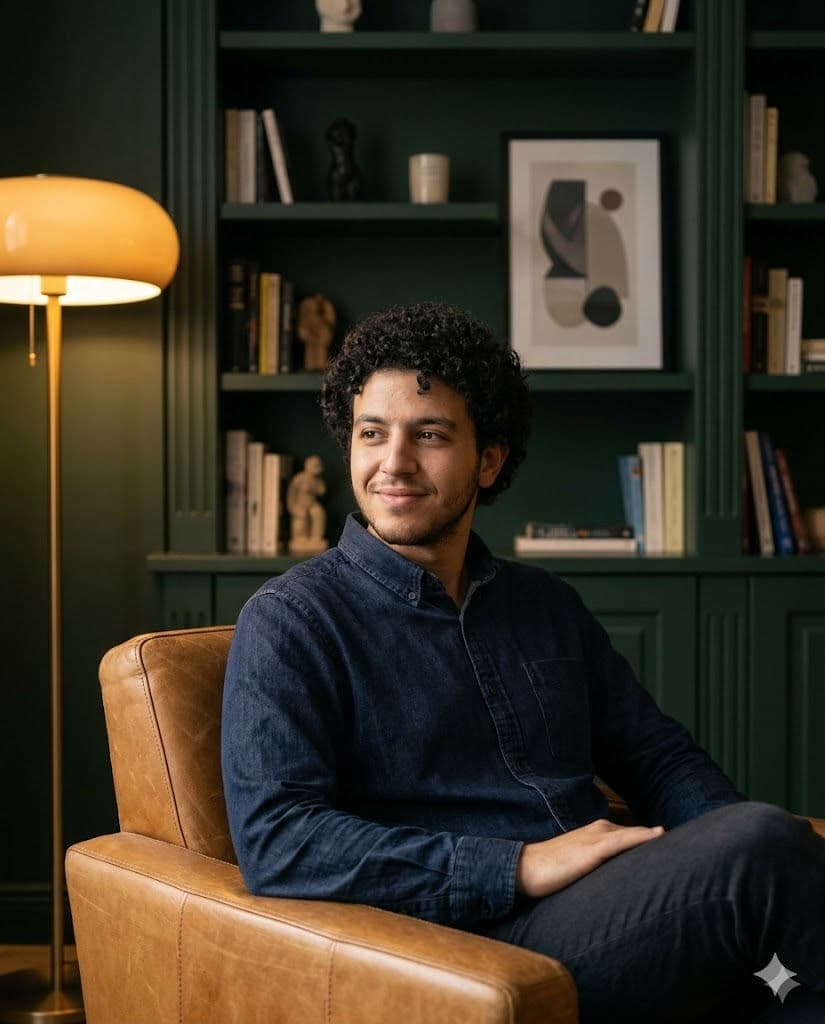 Cinematic Male Portrait in Modern Living Room with Dark Green Bookshelf & Warm Practical Light – Free Prompt — Portrait AI art prompt example for Gemini and Stable Diffusion