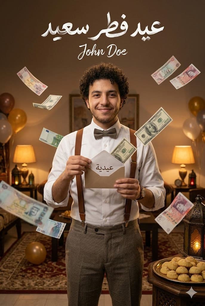 Cinematic Eid Al-Fitr Celebration Poster – Man Holding Eidiya Envelope with Flying Money Hyper-Realistic AI Photo Prompt — Portrait AI art prompt example for Gemini and Stable Diffusion