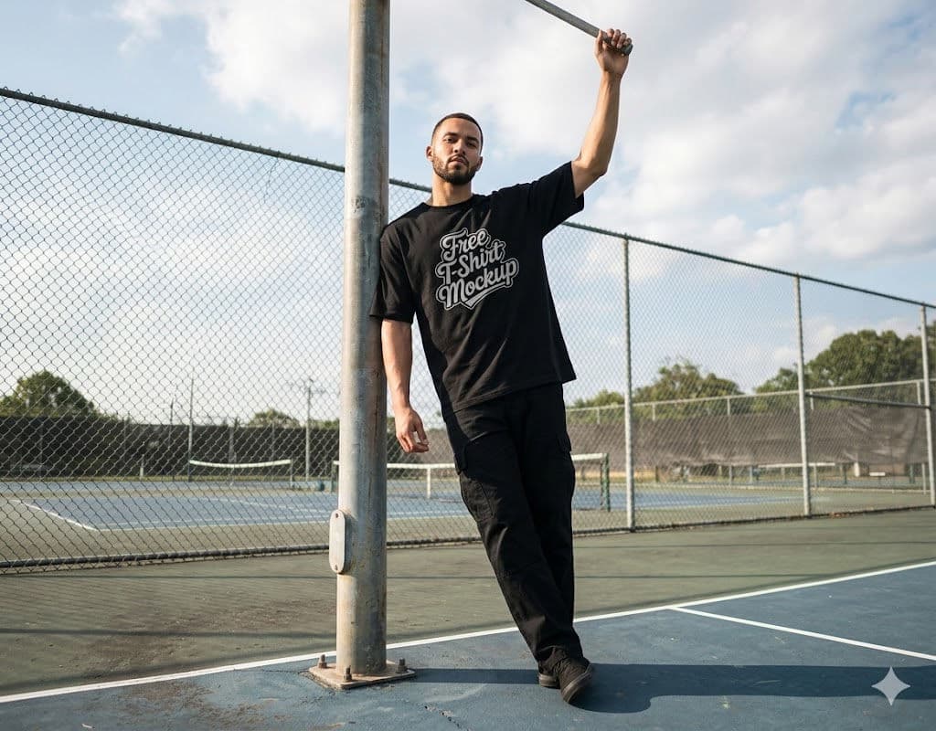 Ultra-Realistic Streetwear Fashion Editorial on Tennis Court T Shirt Mockup – Premium Outdoor Apparel Campaign Photography (SOUL 2.0 Realism) — Business AI art prompt example for Gemini and Stable Diffusion