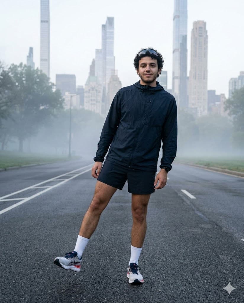 Foggy Morning Runner Portrait in New York Park — Portrait AI art prompt example for Gemini and Stable Diffusion
