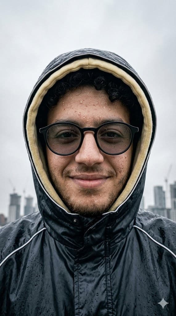 Urban Rain Portrait — Hyper-Realistic Hooded Close-Up — Portrait AI art prompt example for Midjourney and Stable Diffusion