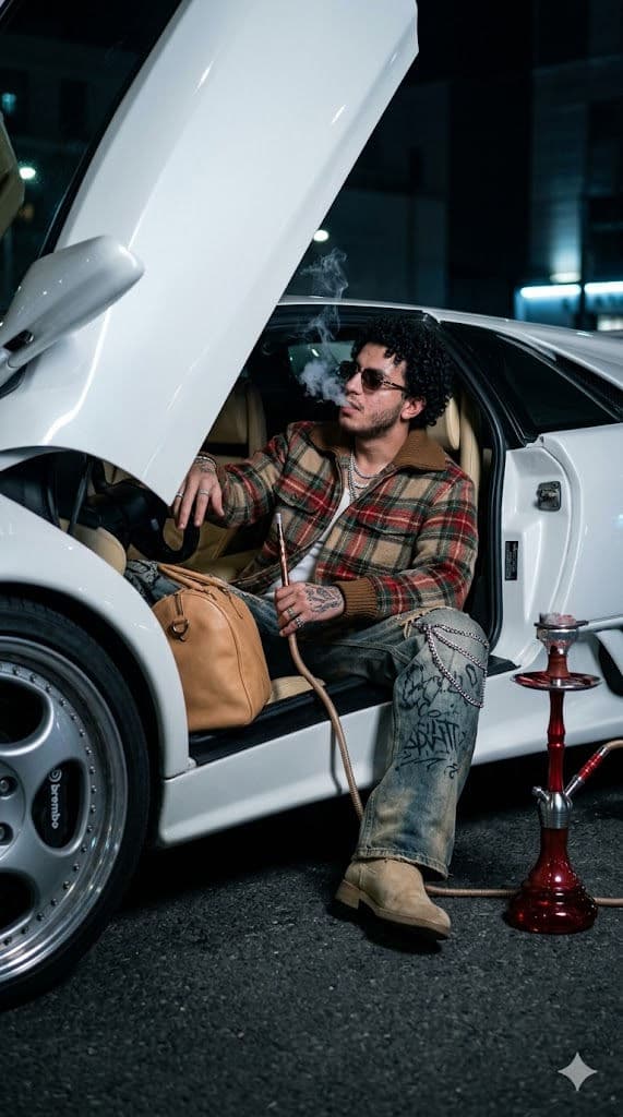 Hyperrealistic Lamborghini Diablo Night Scene – Bearded Man with Hookah, Luxury Street Cinematic Photo Prompt — Portrait AI art prompt example for Gemini and Stable Diffusion