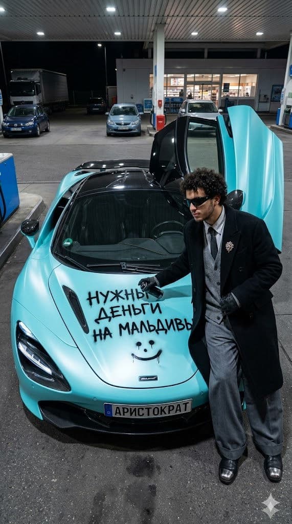 Free Prompt for Hyper-Realistic McLaren Gas Station Street Photography Scene — Portrait AI art prompt example for Gemini and Stable Diffusion