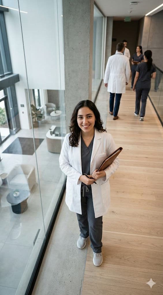 High-Angle Cinematic Medical Editorial – Confident Female Doctor Fashion Portrait — Portrait AI art prompt example for Midjourney and Stable Diffusion