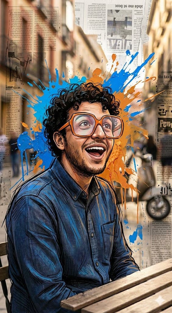 Expressive Mixed Media Portrait with Newspaper Texture & Paint Splashes – Free Prompt — Portrait AI art prompt example for Gemini and Stable Diffusion