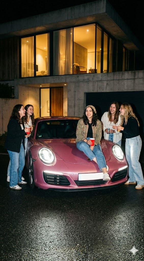 Modern Night Party Scene Prompt – iPhone Flash, Pink Porsche 911 — Portrait AI art prompt example for Gemini and Stable Diffusion