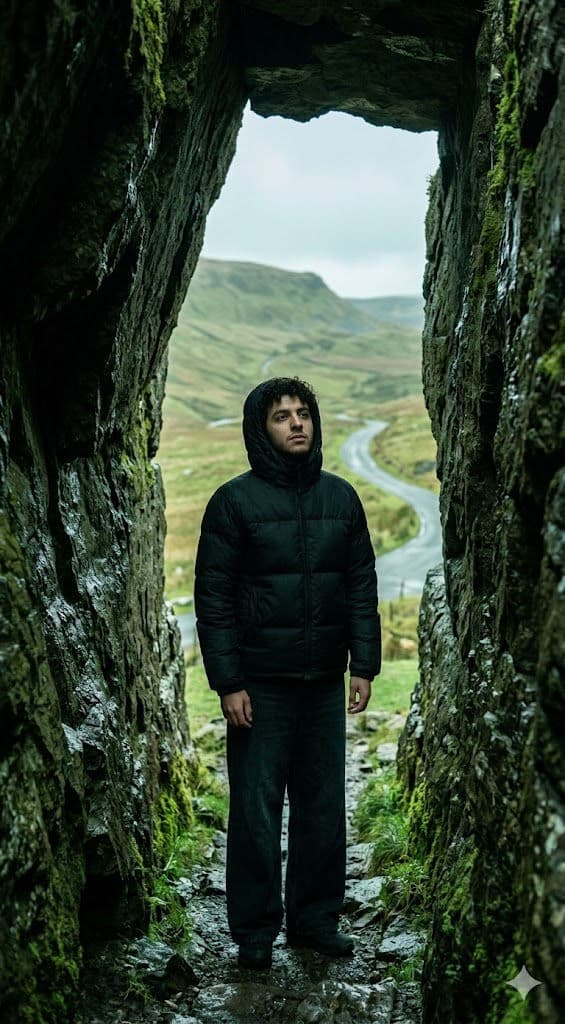 Cinematic Outdoor Fashion Portrait – Young Man in Black Puffer Jacket at Rocky Cave Entrance, Moody Countryside Editorial — Portrait AI art prompt example for Gemini and Stable Diffusion