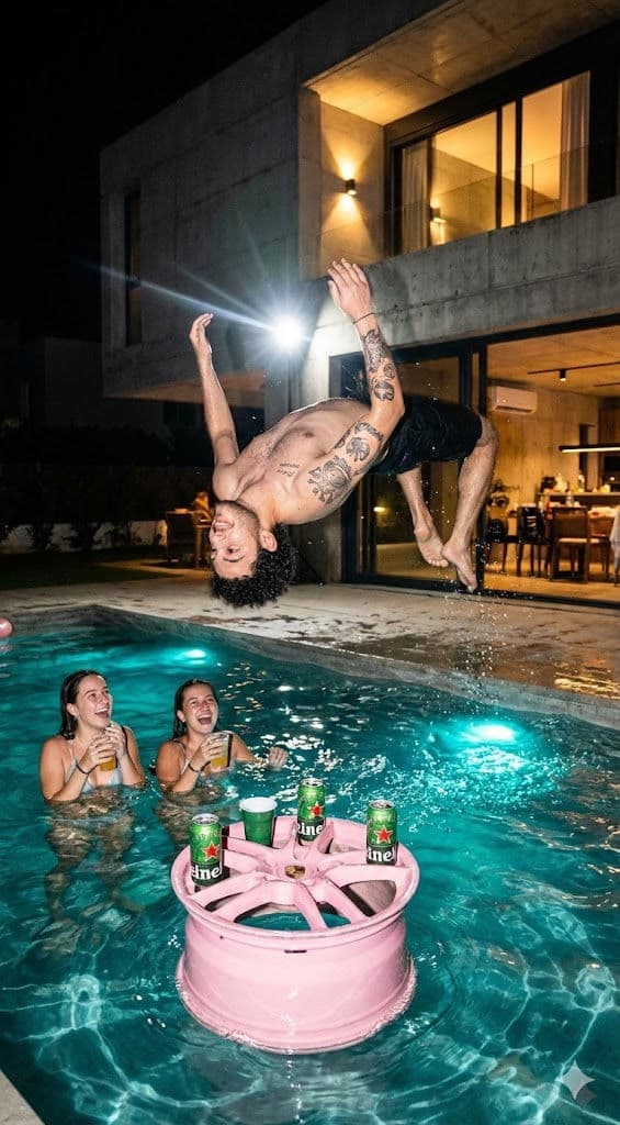 Night Pool Party Chaos AI Prompt – iPhone Flash, Backflip, Floating Porsche Wheel — Portrait AI art prompt example for Gemini and Stable Diffusion