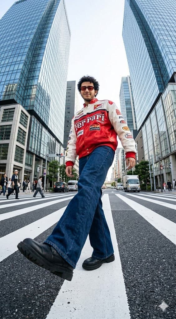 Ultra-Wide-Angle Street Fashion Editorial – Low-Angle City Crosswalk Shoot, Y2K Urban Streetwear Photography — Portrait AI art prompt example for Midjourney and Stable Diffusion