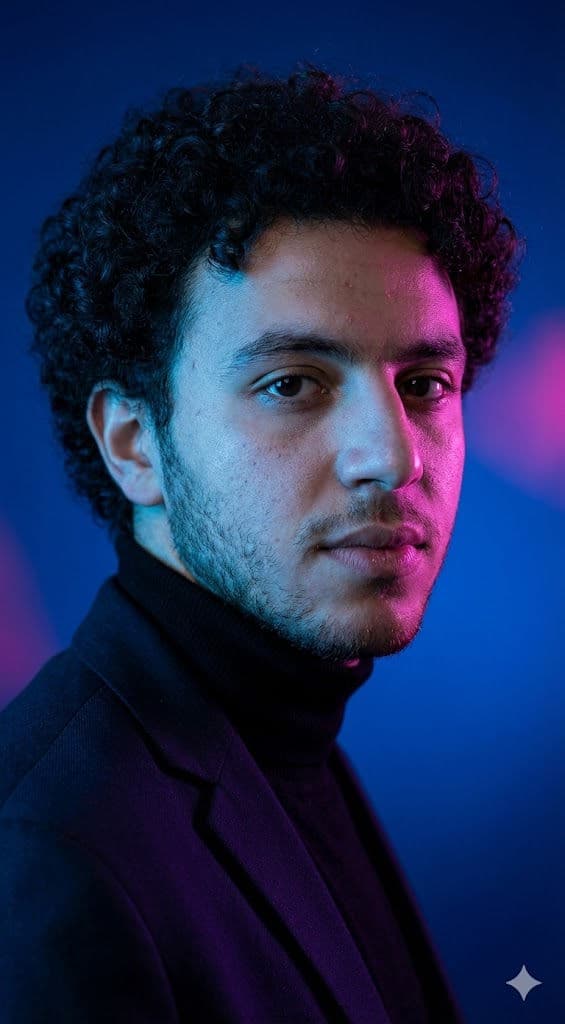 Ultra-Realistic Cinematic Portrait Prompt – Side-Angle, Dramatic Blue and Magenta Lighting — Portrait AI art prompt example for Gemini and Stable Diffusion