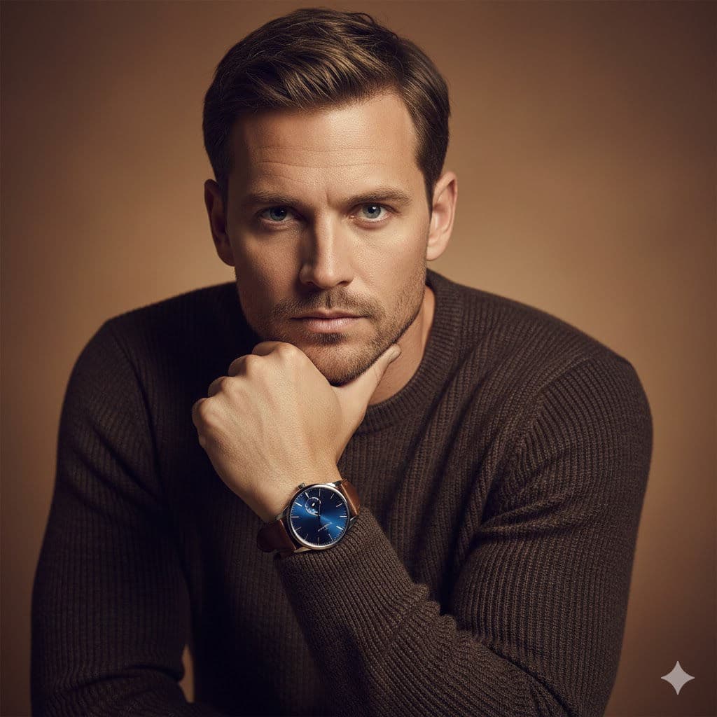 Free Prompt: Men's Watch Commercial Photography 🧥 — Portrait AI art prompt example for Gemini and Stable Diffusion