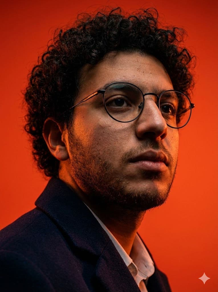 Ultra-Realistic Editorial Portrait Prompt – Low-Angle, Dramatic Orange-Red Background — Portrait AI art prompt example for Gemini and Stable Diffusion