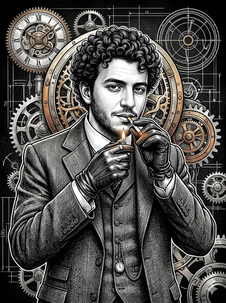 1920s British Gangster Pen & Ink Engraving Steampunk Noir – Free Prompt — Portrait AI art prompt example for Midjourney and Stable Diffusion