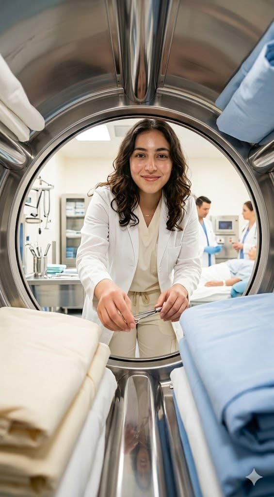 POV Medical Editorial – Doctor Inside Sterile Washing Chamber — Portrait AI art prompt example for Midjourney and Stable Diffusion
