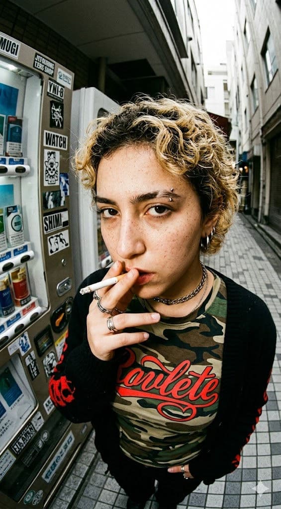 Ultra-Wide Fisheye Street Fashion Portrait – Tokyo Y2K Urban Alleyway Editorial with Cigarette Vending Machine — Portrait AI art prompt example for Gemini and Stable Diffusion