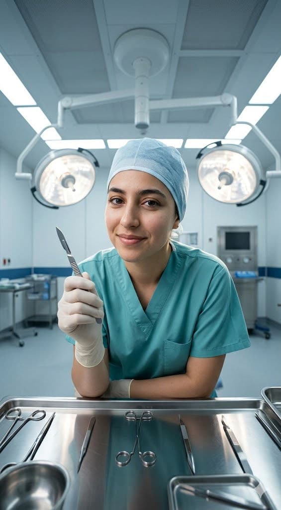 Luxury Medical Editorial – Confident Female Surgeon in Modern OR — Portrait AI art prompt example for Midjourney and Stable Diffusion