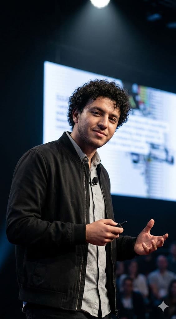 Professional Business Speaker Presentation – Male on Stage — Portrait AI art prompt example for Midjourney and Stable Diffusion