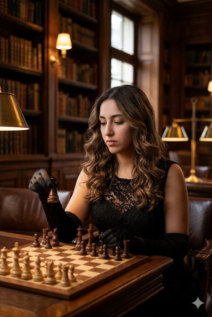 Hyper-Realistic Luxury Chessroom Editorial – Elegant Woman in Black Lace Dress – Free Prompt — Portrait AI art prompt example for Gemini and Stable Diffusion