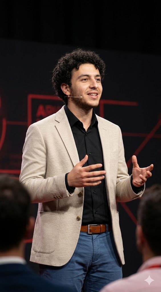 Professional Speaker on Stage – Medium Shot — Portrait AI art prompt example for Midjourney and Stable Diffusion