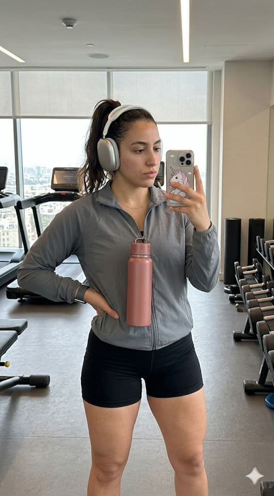 Athletic Gym Selfie – Muscular Woman in Gray Sports Jacket & Black Shorts – Free Prompt — Portrait AI art prompt example for Gemini and Stable Diffusion