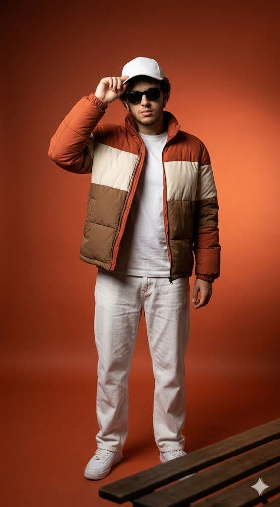 Ultra-Realistic 8K Fashion Portrait – Color-Block Puffer Jacket, Sunglasses, White Cap, Studio Editorial — Portrait AI art prompt example for Midjourney and Stable Diffusion
