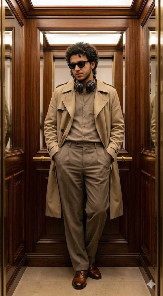 Ultra-Realistic 8K Fashion Portrait – Young Man in Beige Trench Coat, Vintage Elevator, Minimalist Streetwear, Cinematic Lighting — Portrait AI art prompt example for Gemini and Stable Diffusion