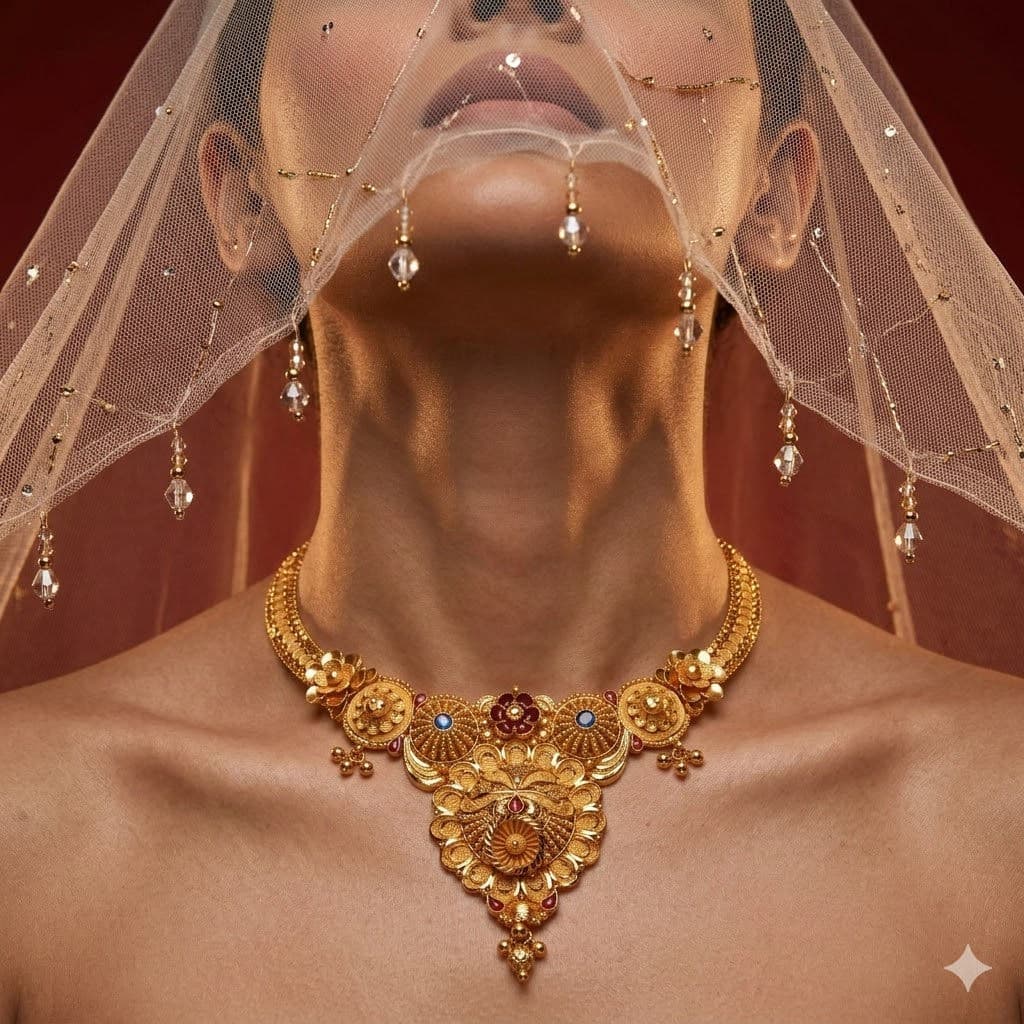 Luxury Jewellery Editorial – Low-Angle Veil & Neck Portrait – Free Prompt — Business AI art prompt example for Gemini and Stable Diffusion