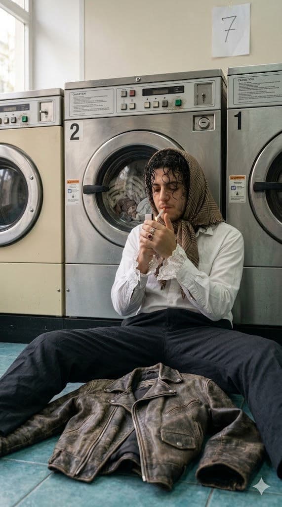 Free Prompt for Hyper-Realistic Laundromat Film Photography Portrait — Portrait AI art prompt example for Gemini and Stable Diffusion