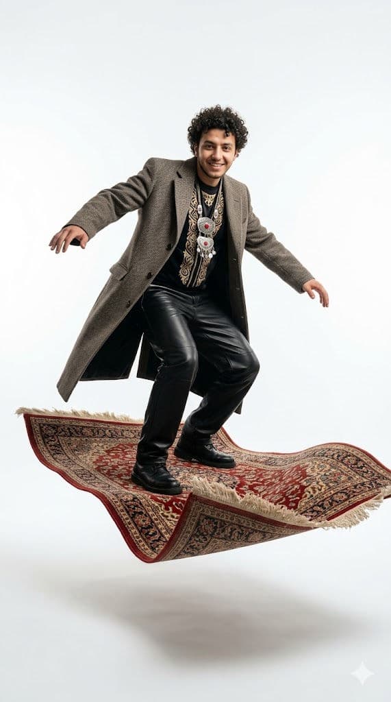 Kazakh Model Surfing a Flying Carpet in Futuristic Fashion — Portrait AI art prompt example for Gemini and Stable Diffusion