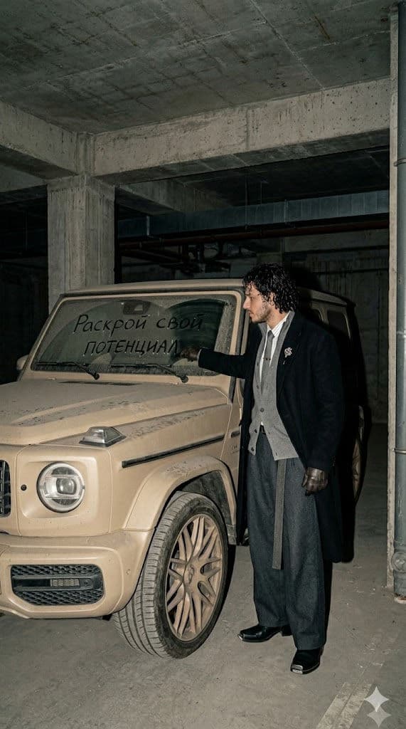 Free Prompt for Hyper-Realistic Dusty Mercedes G-Class Underground Garage Scene — Portrait AI art prompt example for Gemini and Stable Diffusion