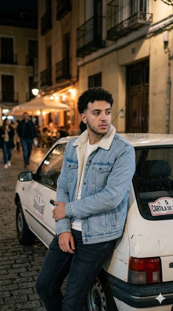 Young Man Leaning Against Vintage White Car at Night – Cinematic Urban Portrait with Denim Jacket and Soft Warm Lighting — Portrait AI art prompt example for Gemini and Stable Diffusion