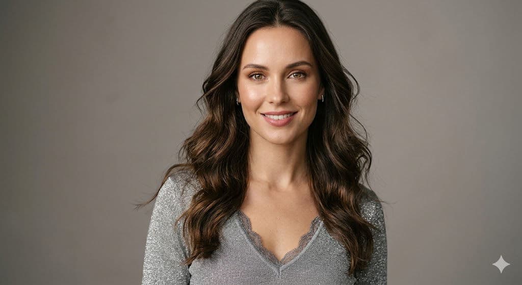 Elegant Studio Portrait of Woman in Silver Shimmer Top – Editorial Beauty Photography — Portrait AI art prompt example for Gemini and Stable Diffusion