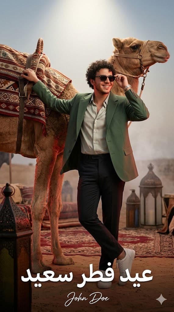 Cinematic Eid Fashion Campaign with Camel – Elegant Arab Man in Green Blazer Ultra-Realistic Photo Prompt — Portrait AI art prompt example for Gemini and Stable Diffusion
