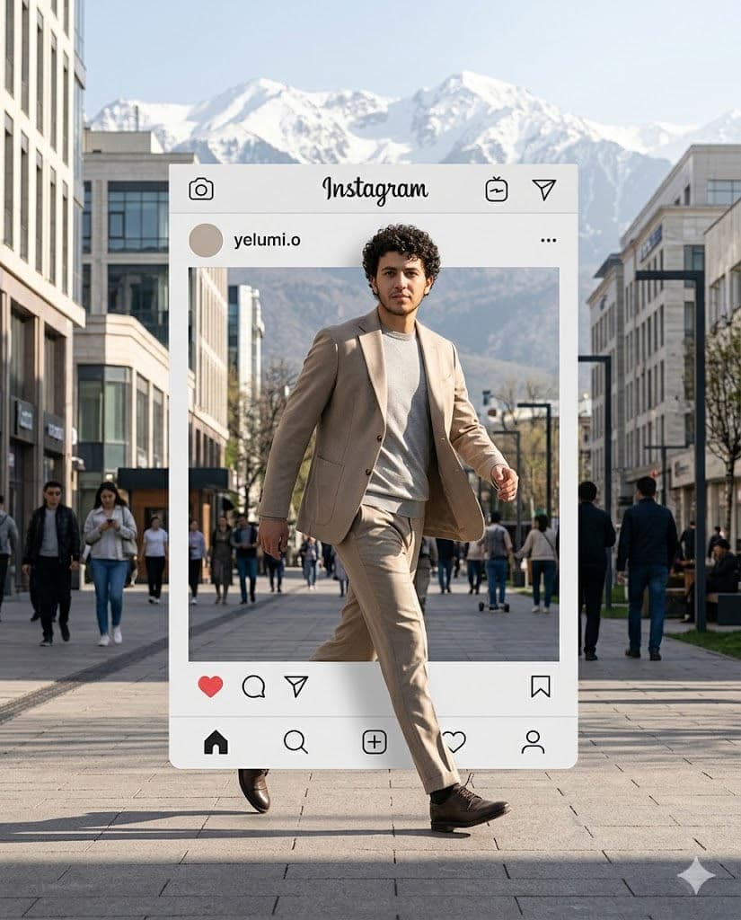 Free Prompt for Luxury Fashion Campaign Model Stepping Out of Instagram Frame in Almaty 📸🏔️✨ — Portrait AI art prompt example for Gemini and Stable Diffusion