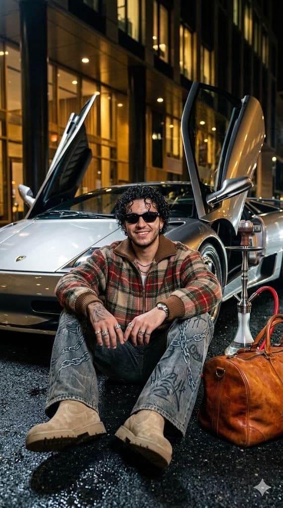 Hyperrealistic Lamborghini Diablo Night Scene – Full Body Street Portrait with Hookah and Luxury Bag Cinematic Photo Prompt — Portrait AI art prompt example for Gemini and Stable Diffusion
