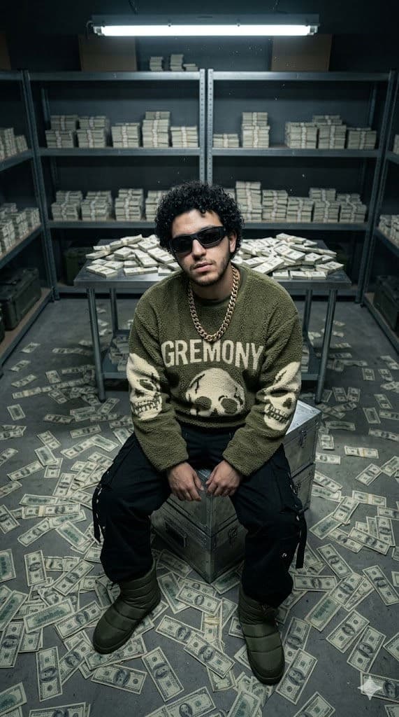 Hyperrealistic Warehouse Cash Scene – Bearded Man Sitting Among Stacks of $100 Bills Cinematic Photo Prompt — Portrait AI art prompt example for Gemini and Stable Diffusion