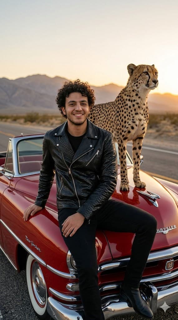 Free Prompt for Cinematic Desert Vintage Car Fashion Portrait with Cheetah 🏜️🚗 — Portrait AI art prompt example for Gemini and Stable Diffusion